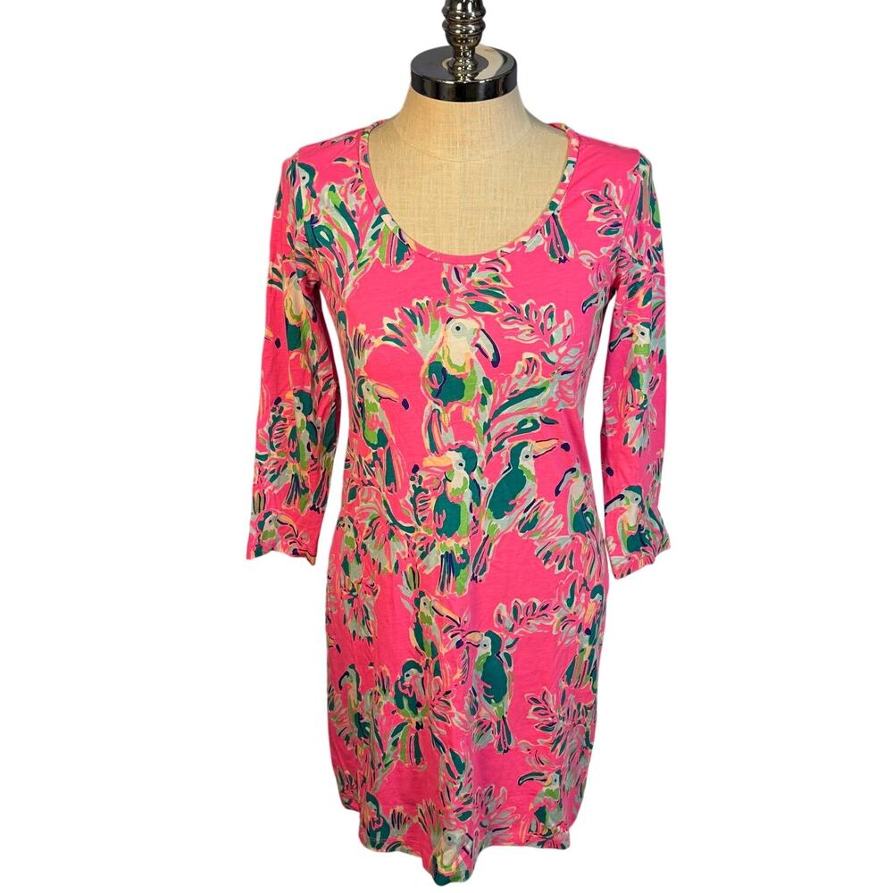 Lilly Pulitzer Beacon Dragonfruit Toucan 3/4 Sleeve Dress Bright Pink Size Med